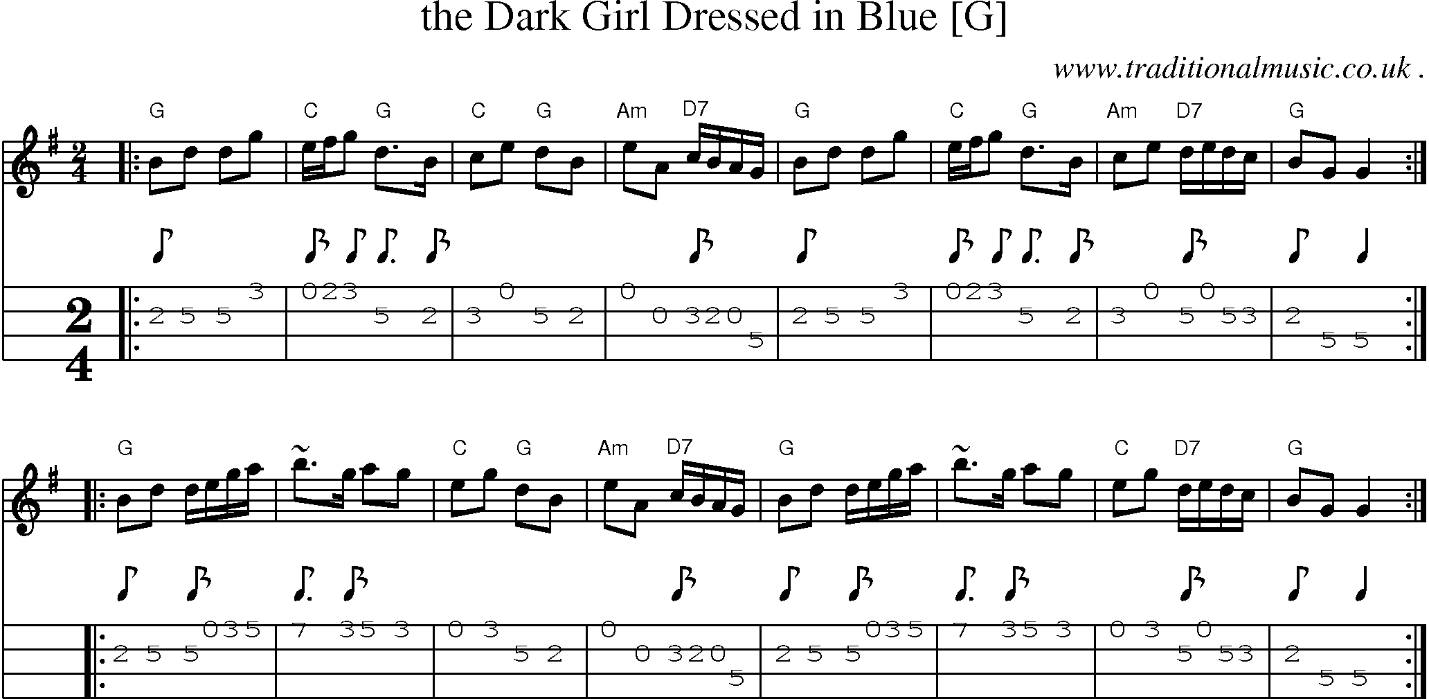 Sheet-music  score, Chords and Mandolin Tabs for The Dark Girl Dressed In Blue [g]